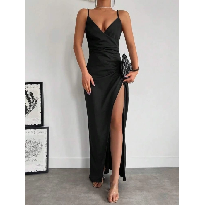 MDB Kadın Askılı Kruvaze Yakalı Yırtmaçlı Krep Elbise