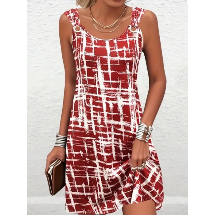 MDB Kadın Askılı Kuş Gözü Detaylı Desenli Süprem Elbise