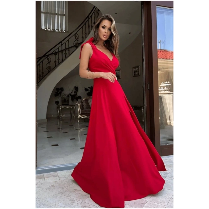 MDB Kadın Askılı Omuzdan Bağlamalı Kruvaze Yakalı Uzun Yırtmaçlı Janjan Krep Elbise