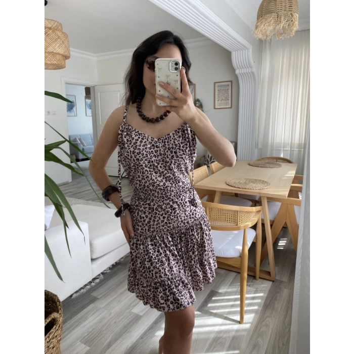 MDB Kadın Askılı V Yaka Beli Pileli Leopar Desen Eteği Fırfırlı Süprem Elbise