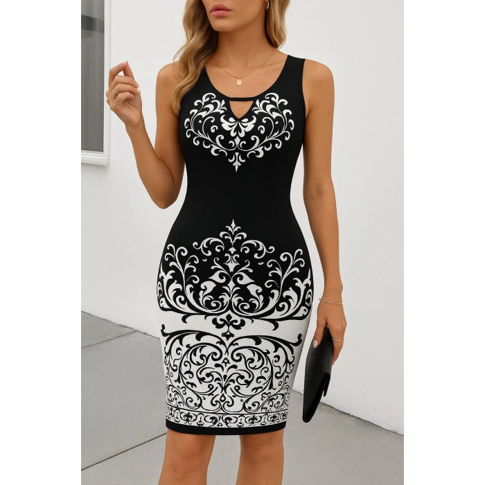 MDB Kadın Askılı V Yakalı Desenli Dalgıç Elbise