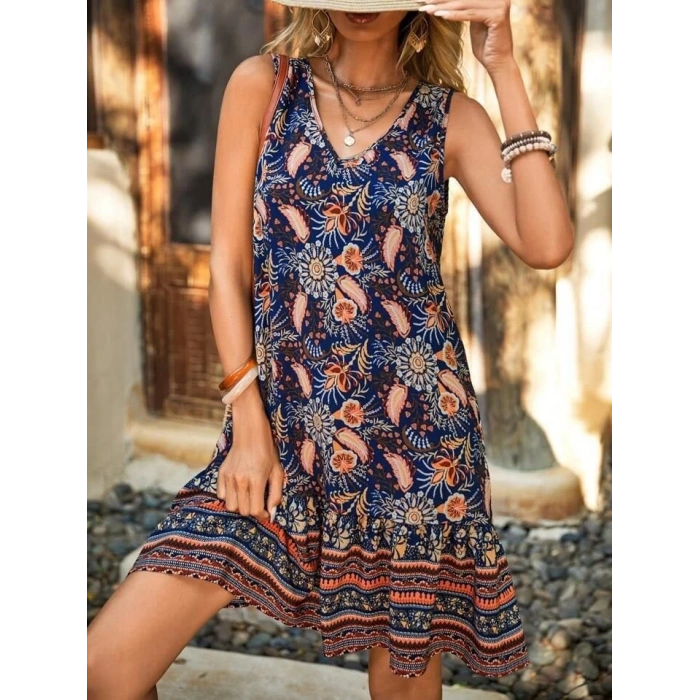 MDB Kadın Askılı V Yakalı Fırfırlı Desenli Süprem Kısa Elbise