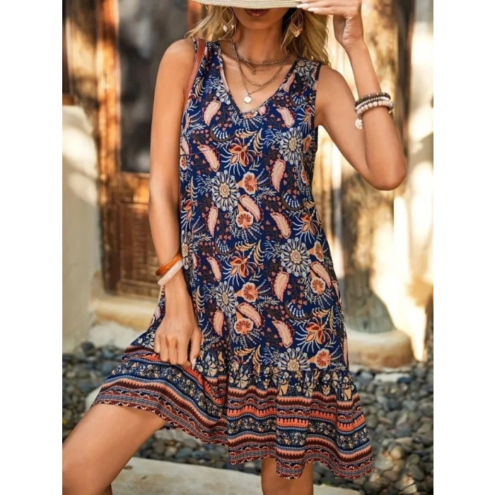 MDB Kadın Askılı V Yakalı Fırfırlı Desenli Süprem Kısa Elbise