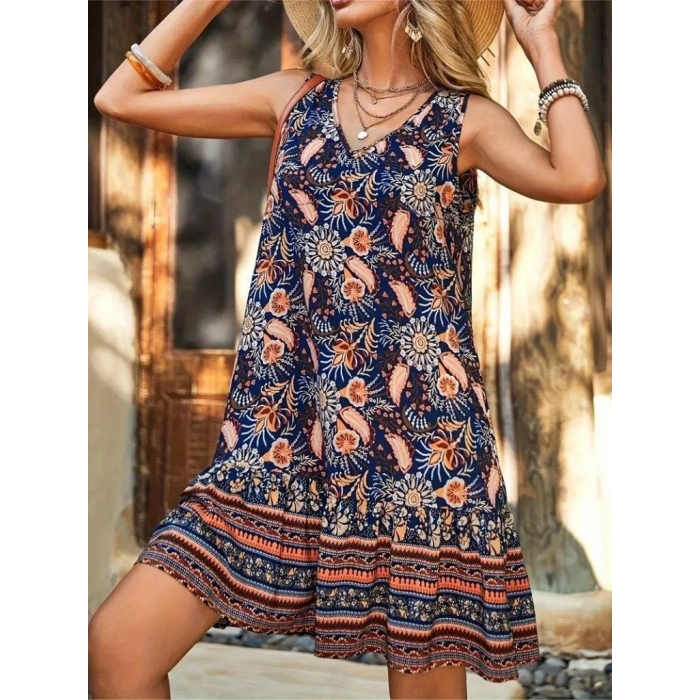 MDB Kadın Askılı V Yakalı Fırfırlı Desenli Süprem Kısa Elbise