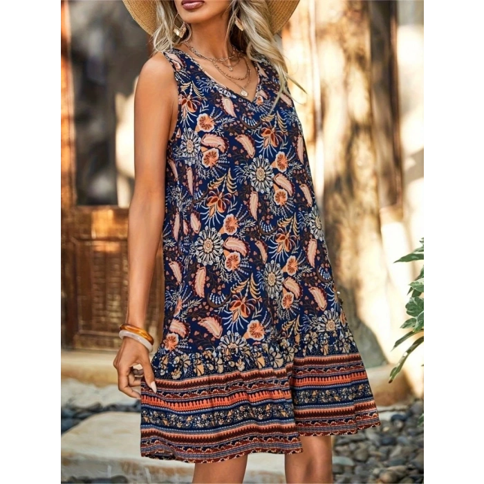 MDB Kadın Askılı V Yakalı Fırfırlı Desenli Süprem Kısa Elbise