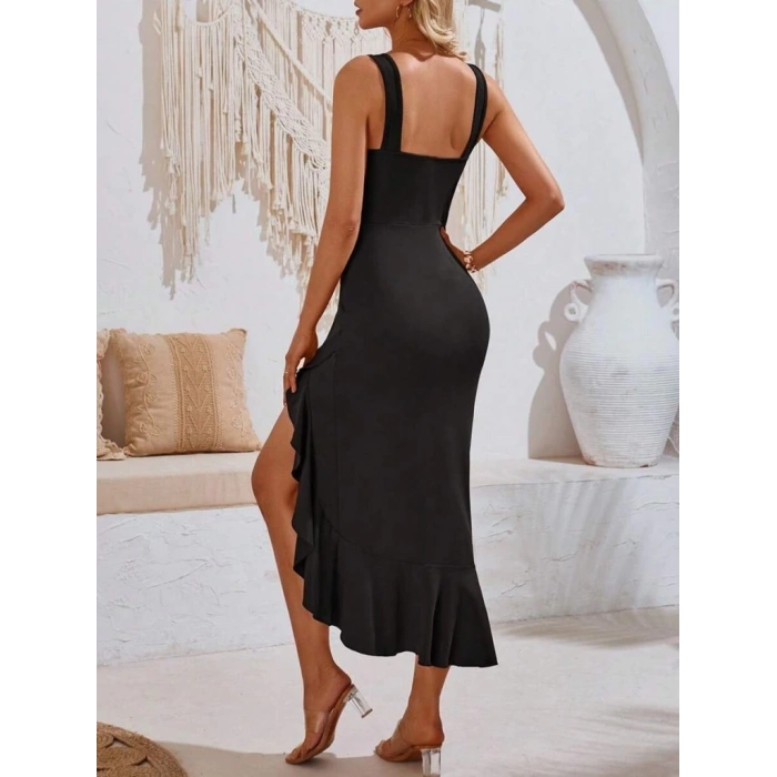 MDB Kadın Askılı V Yakalı önden Fırfırlı Uzun Dalgıç Elbise