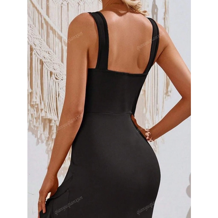 MDB Kadın Askılı V Yakalı önden Fırfırlı Uzun Dalgıç Elbise