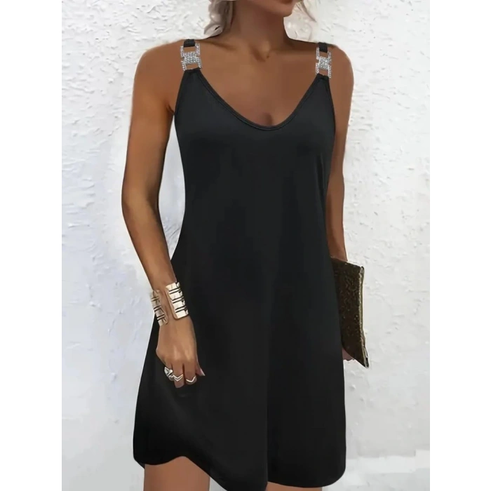 MDB Kadın Askılı V Yakalı Toka Detaylı Janjan Krep Elbise