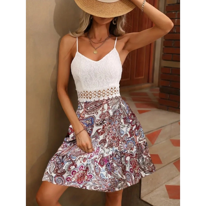 MDB Kadın Askılı V Yakalı üst Dantel Alt Süprem Mini Elbise