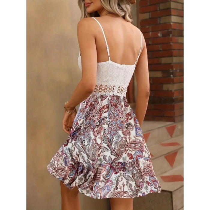 MDB Kadın Askılı V Yakalı üst Dantel Alt Süprem Mini Elbise