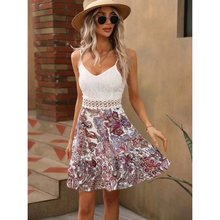 MDB Kadın Askılı V Yakalı üst Dantel Alt Süprem Mini Elbise