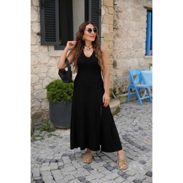 MDB Kadın Askılı V Yakalı Yırtmaçlı Viskon Elbise