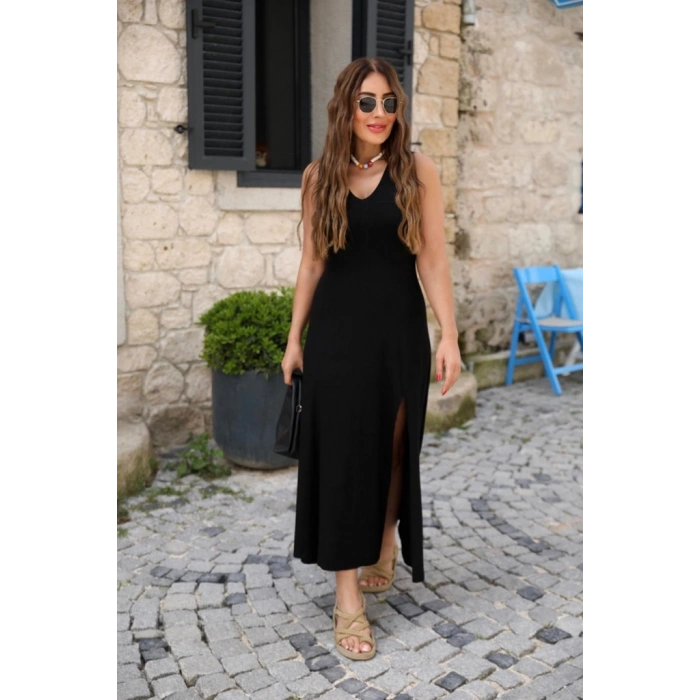 MDB Kadın Askılı V Yakalı Yırtmaçlı Viskon Elbise