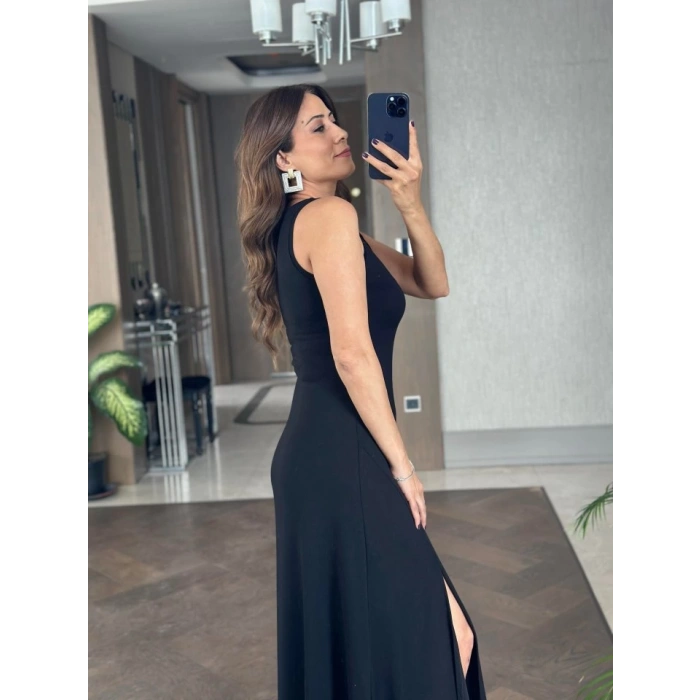 MDB Kadın Askılı V Yakalı Yırtmaçlı Viskon Elbise