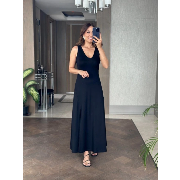 MDB Kadın Askılı V Yakalı Yırtmaçlı Viskon Elbise