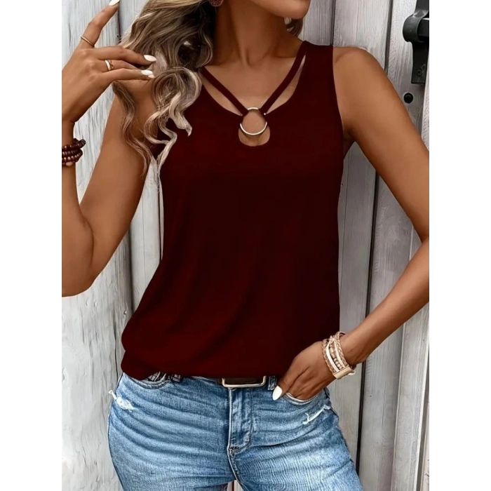 MDB Kadın Askılı Yaka şerit Halka Detaylı Viskon Bluz