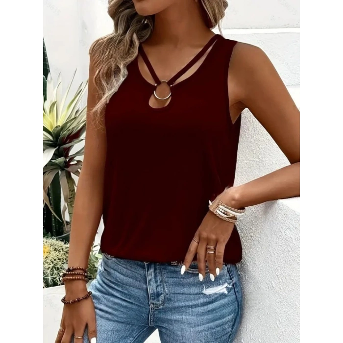 MDB Kadın Askılı Yaka şerit Halka Detaylı Viskon Bluz