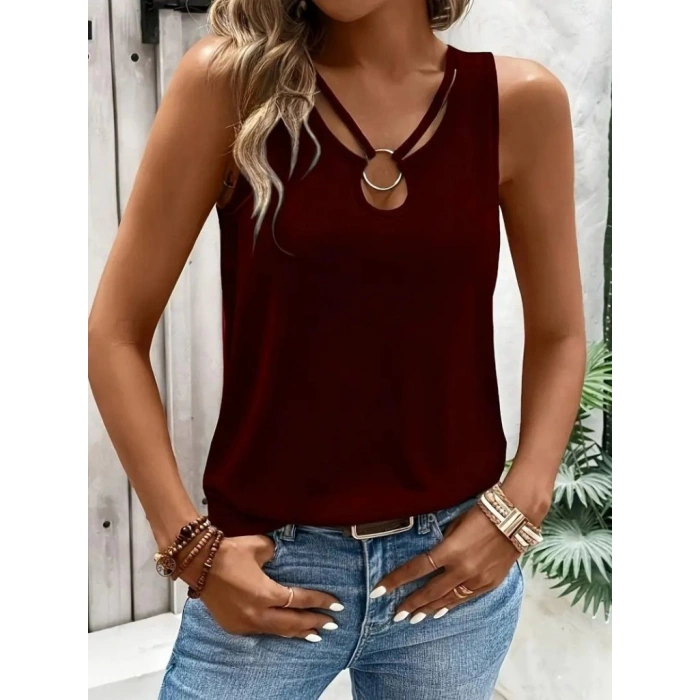 MDB Kadın Askılı Yaka şerit Halka Detaylı Viskon Bluz