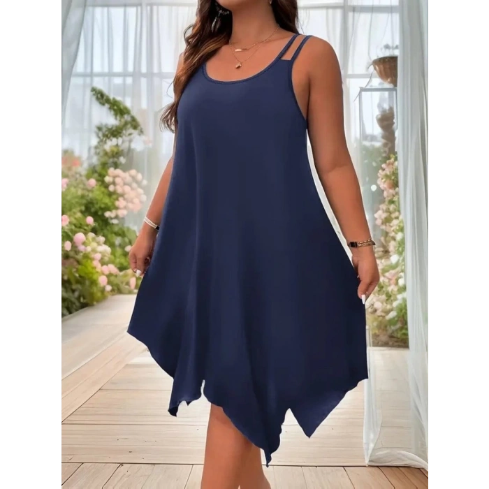 MDB Kadın Askılı Yuvarlak Asimetrik Kesim Detaylı Viskon Elbise