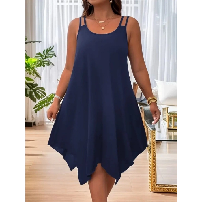 MDB Kadın Askılı Yuvarlak Asimetrik Kesim Detaylı Viskon Elbise