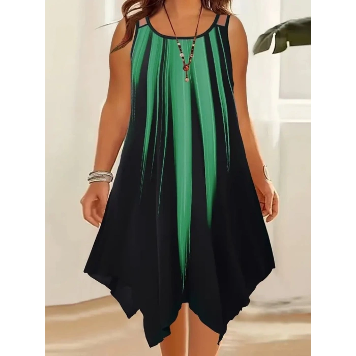 MDB Kadın Askılı Yuvarlak Yaka Asimetrik Detaylı Desenli Süprem Elbise