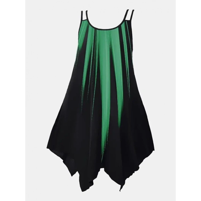 MDB Kadın Askılı Yuvarlak Yaka Asimetrik Detaylı Desenli Süprem Elbise