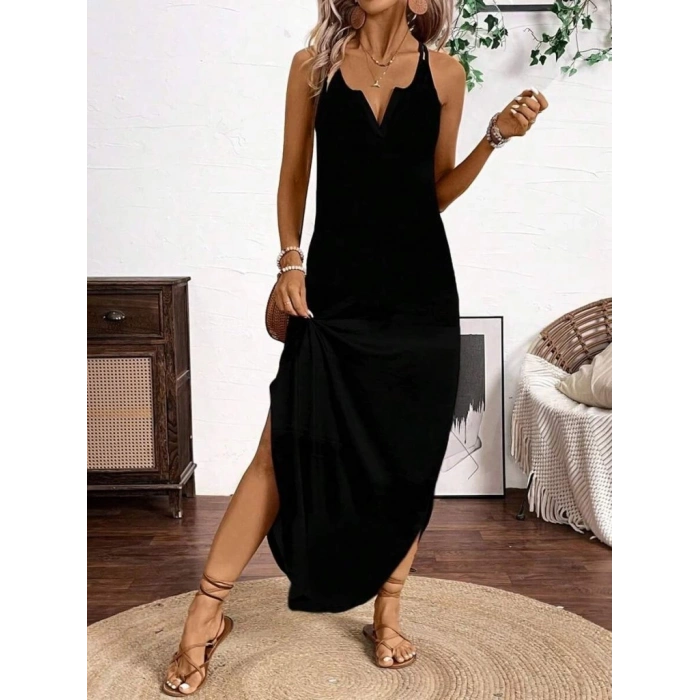 MDB Kadın Askılı Yuvarlak Yaka Asimetrik Detaylı Viskon Elbise