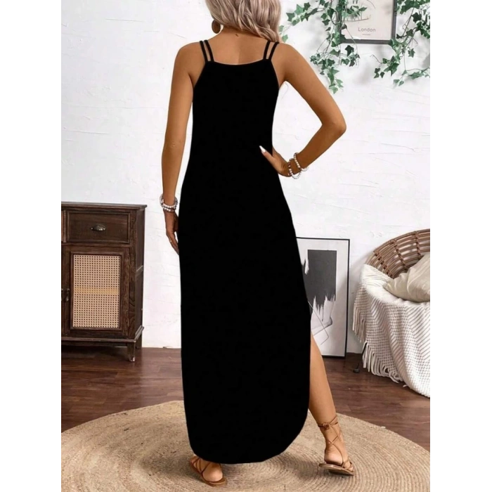 MDB Kadın Askılı Yuvarlak Yaka Asimetrik Detaylı Viskon Elbise