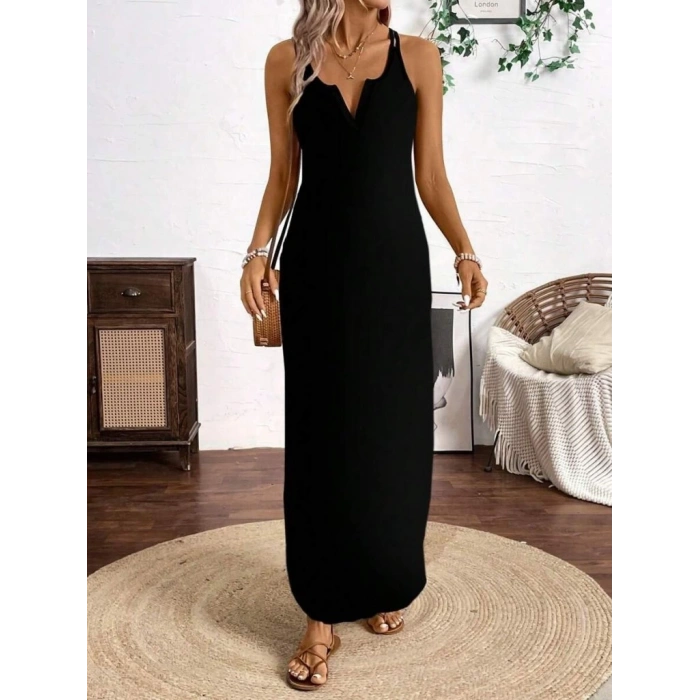 MDB Kadın Askılı Yuvarlak Yaka Asimetrik Detaylı Viskon Elbise