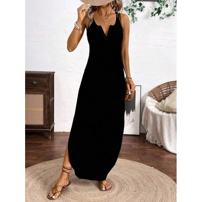 MDB Kadın Askılı Yuvarlak Yaka Asimetrik Detaylı Viskon Elbise