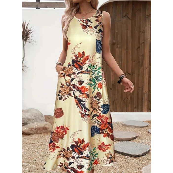 MDB Kadın Askılı Yuvarlak Yaka Cepli Desenli Süprem Elbise