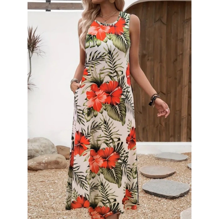 MDB Kadın Askılı Yuvarlak Yaka Cepli Desenli Süprem Elbise