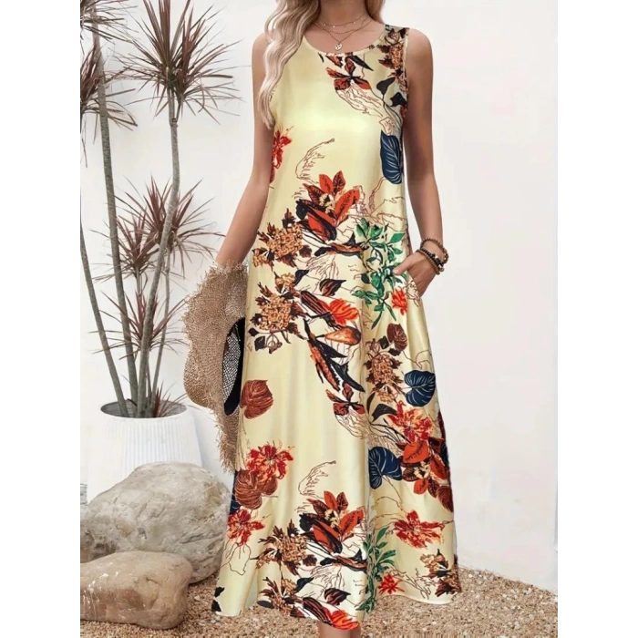 MDB Kadın Askılı Yuvarlak Yaka Cepli Desenli Süprem Elbise