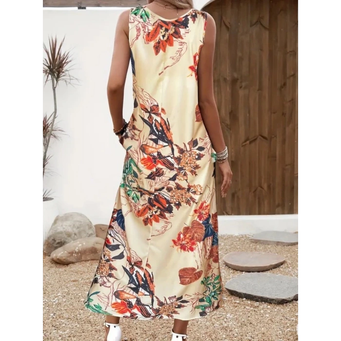 MDB Kadın Askılı Yuvarlak Yaka Cepli Desenli Süprem Elbise