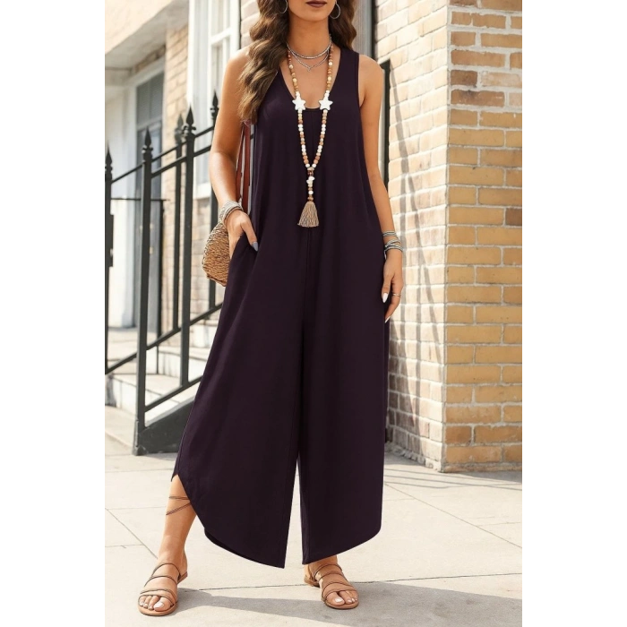 MDB Kadın Askılı Yuvarlak Yaka Cepli Salaş Uzun Viskon Tulum