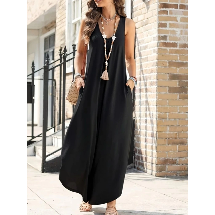 MDB Kadın Askılı Yuvarlak Yaka Cepli Salaş Uzun Viskon Tulum