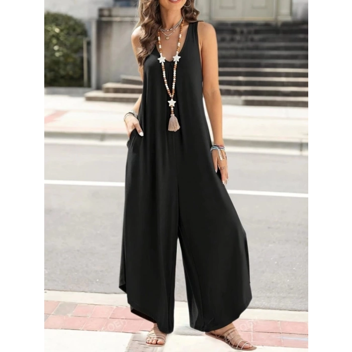 MDB Kadın Askılı Yuvarlak Yaka Cepli Salaş Uzun Viskon Tulum