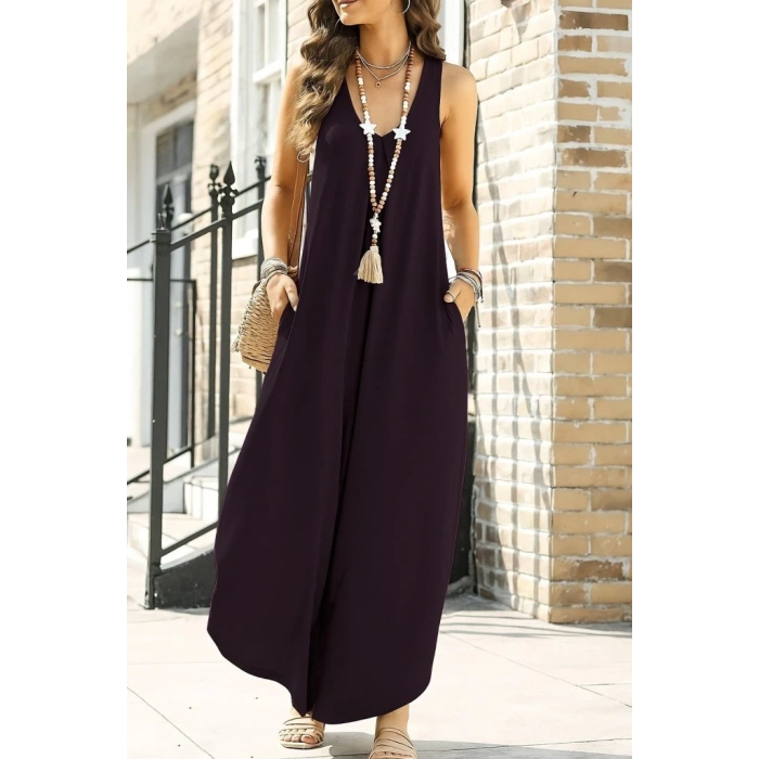 MDB Kadın Askılı Yuvarlak Yaka Cepli Salaş Uzun Viskon Tulum