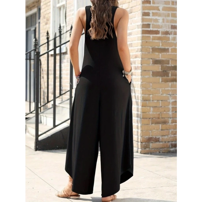 MDB Kadın Askılı Yuvarlak Yaka Cepli Salaş Uzun Viskon Tulum