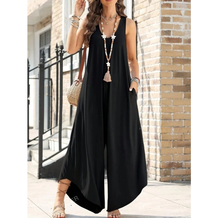 MDB Kadın Askılı Yuvarlak Yaka Cepli Salaş Uzun Viskon Tulum