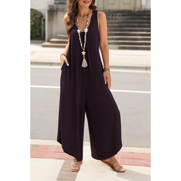 MDB Kadın Askılı Yuvarlak Yaka Cepli Salaş Uzun Viskon Tulum