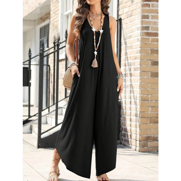 MDB Kadın Askılı Yuvarlak Yaka Cepli Salaş Uzun Viskon Tulum