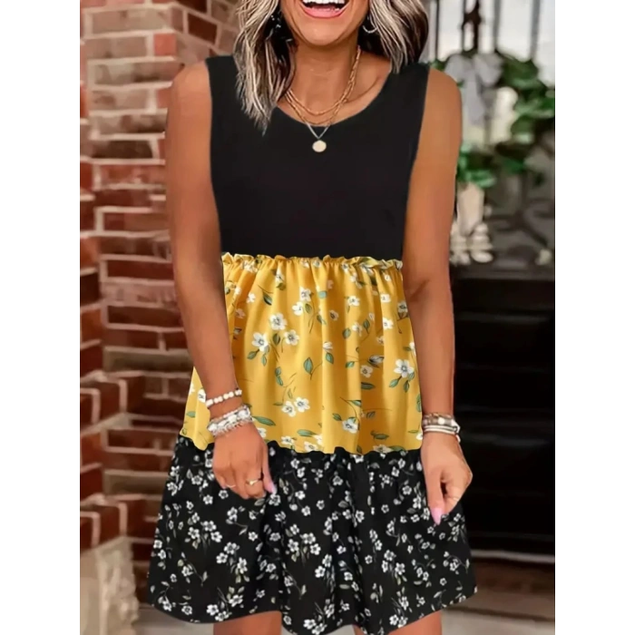 MDB Kadın Askılı Yuvarlak Yaka çiçek Baskılı Salaş Süprem Elbise