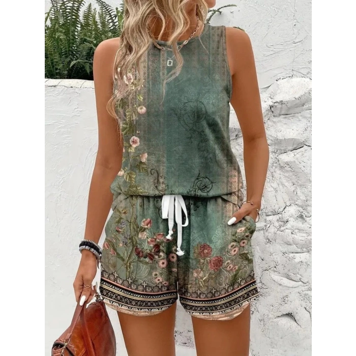 MDB Kadın Askılı Yuvarlak Yaka çiçek Baskılı Süprme Bluz Ve Short Ikili Takım