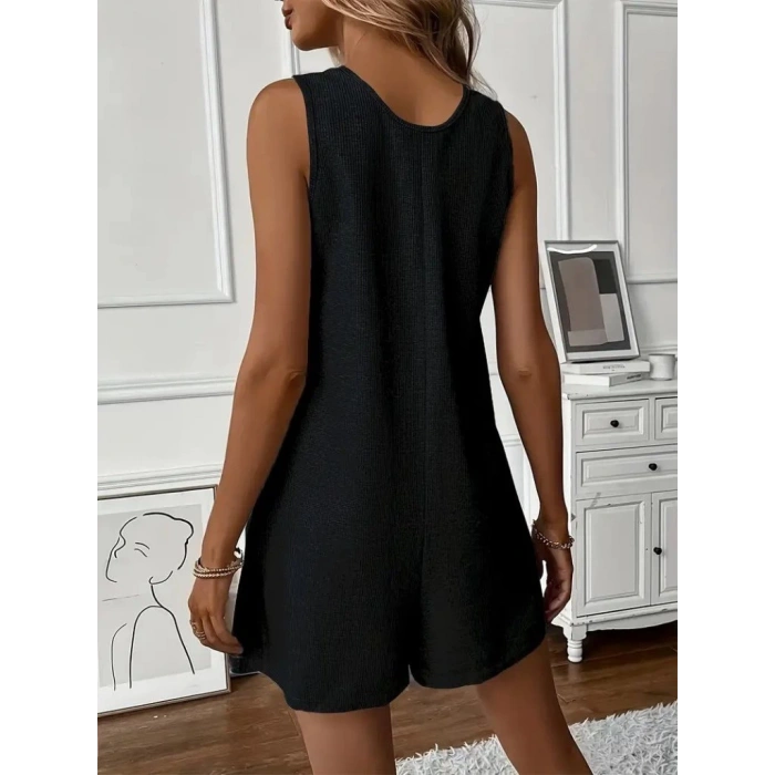 MDB Kadın Askılı Yuvarlak Yaka Düğmeli Waffle Kısa Tulum