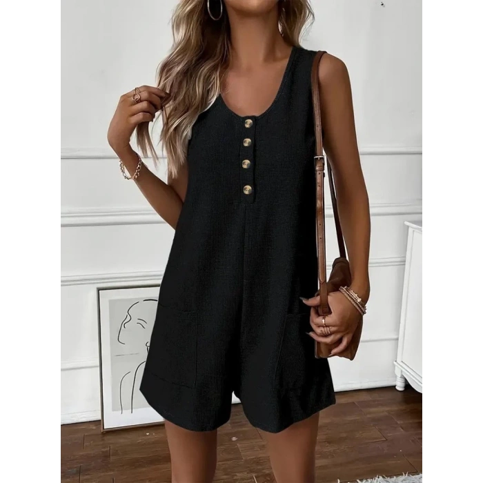 MDB Kadın Askılı Yuvarlak Yaka Düğmeli Waffle Kısa Tulum