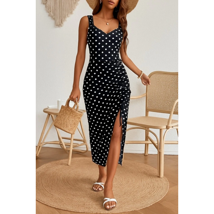 MDB Kadın Askılı Yuvarlak Yaka Kalp Yaka Yandan Büzgülü Yırtmaç Detaylı Puantiyeli örme Krep Elbise