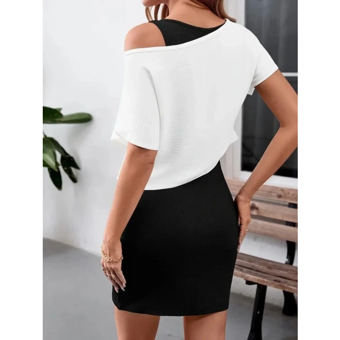 MDB Kadın Askılı Yuvarlak Yaka Kısa Kaşkorse Elbise Ve Viskon Bluz Ikili Takım