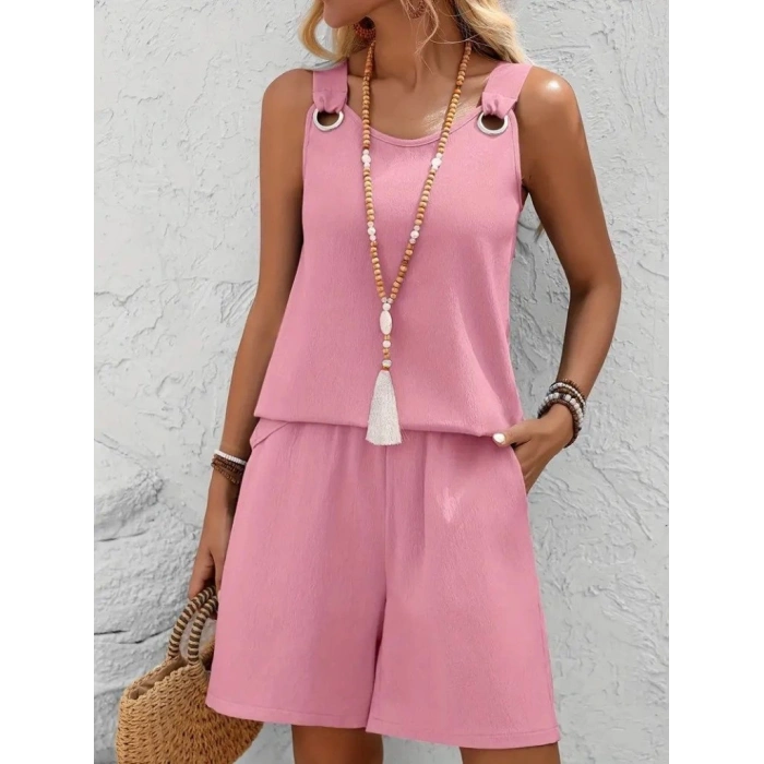 MDB Kadın Askılı Yuvarlak Yaka Kuş Gözü Detaylı Bürümcük Bluz Ve Short Ikili Takım