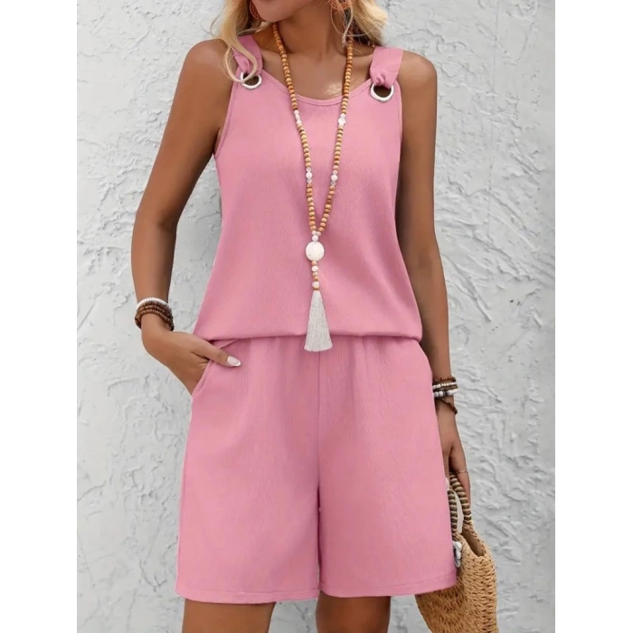 MDB Kadın Askılı Yuvarlak Yaka Kuş Gözü Detaylı Bürümcük Bluz Ve Short Ikili Takım